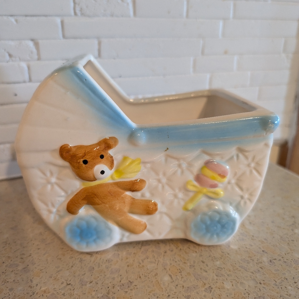Vintage Giftwaresco Nancy Pew Baby Stroller Buggy Ceramic Planter Elephant Bear